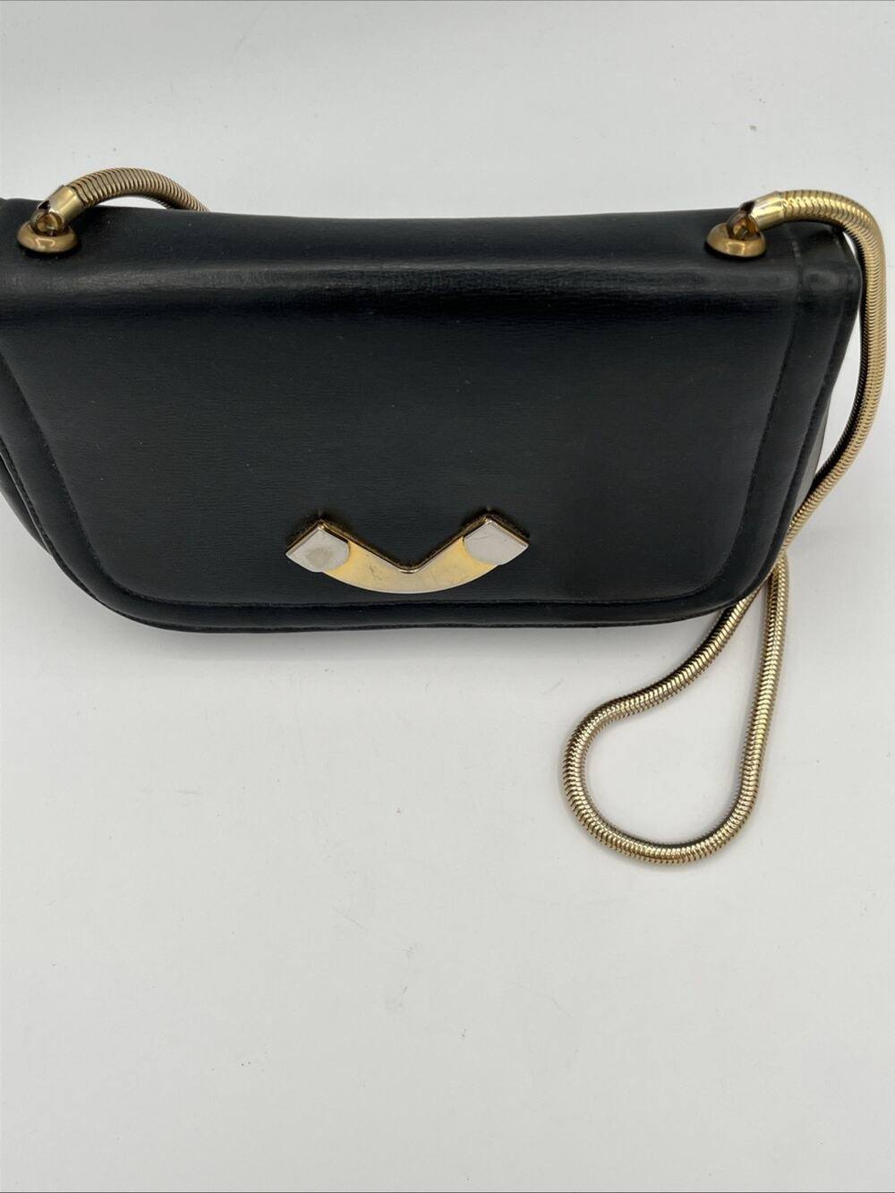 VINTAGE Over Shoulder Purse Clutch Bag  Black Art Deco Leather Gold Silver
